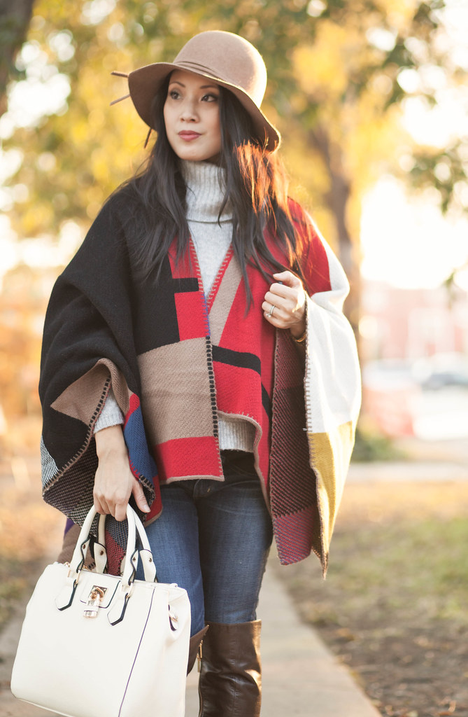 cute & little blog | petite fashion | sheinside burberry colour block check blanket poncho, gray cowl sweater, maternity jeans, michael kors bromley otk boots, felt floppy hat | maternity baby bump pregnant | fall winter outfit