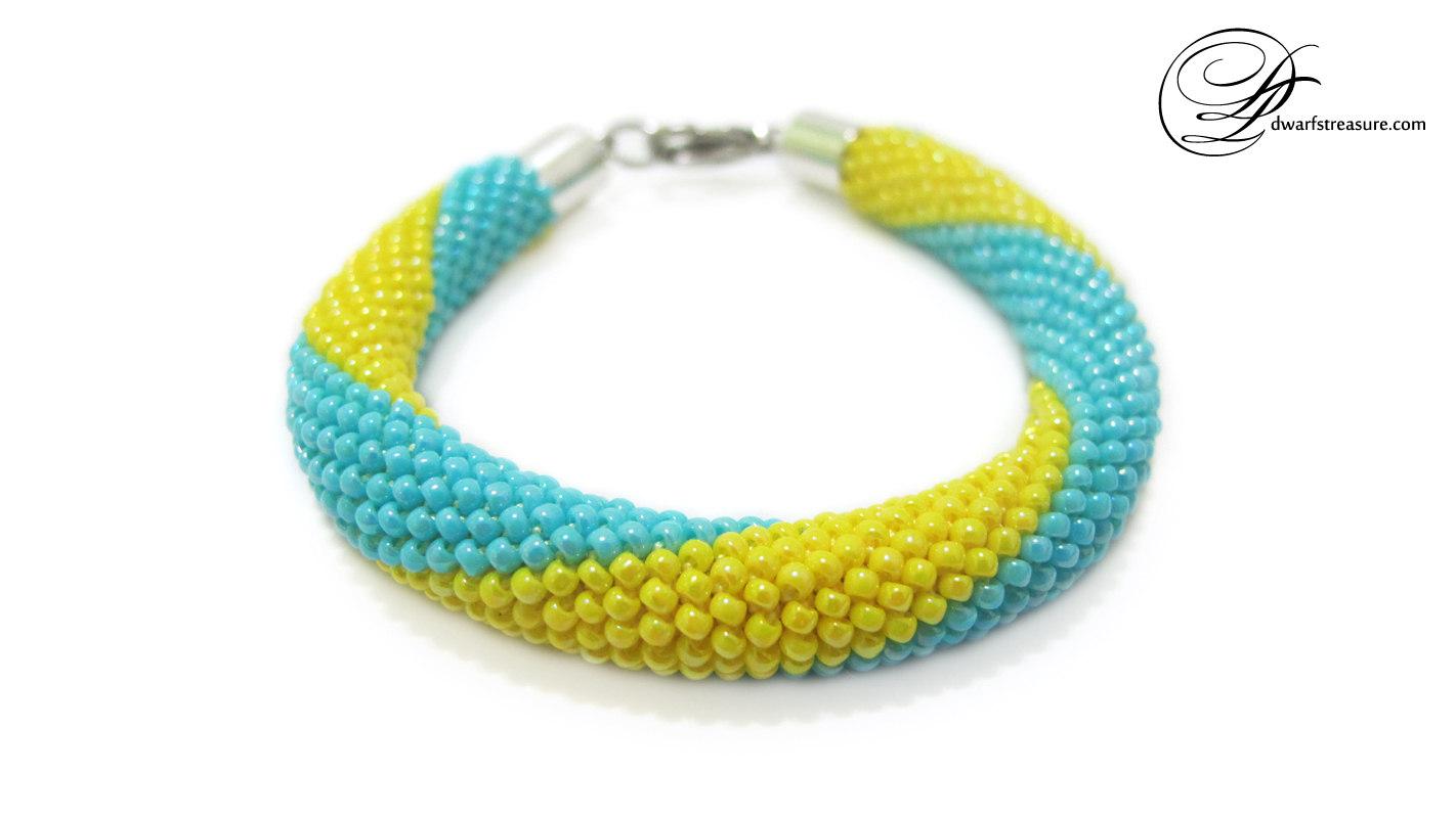 Beautiful blue & yellow seed bead crochet bracelet
