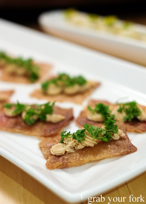 Crispy duck skin wafters with foie gras at the Stomachs Eleven Christmas dinner 2014