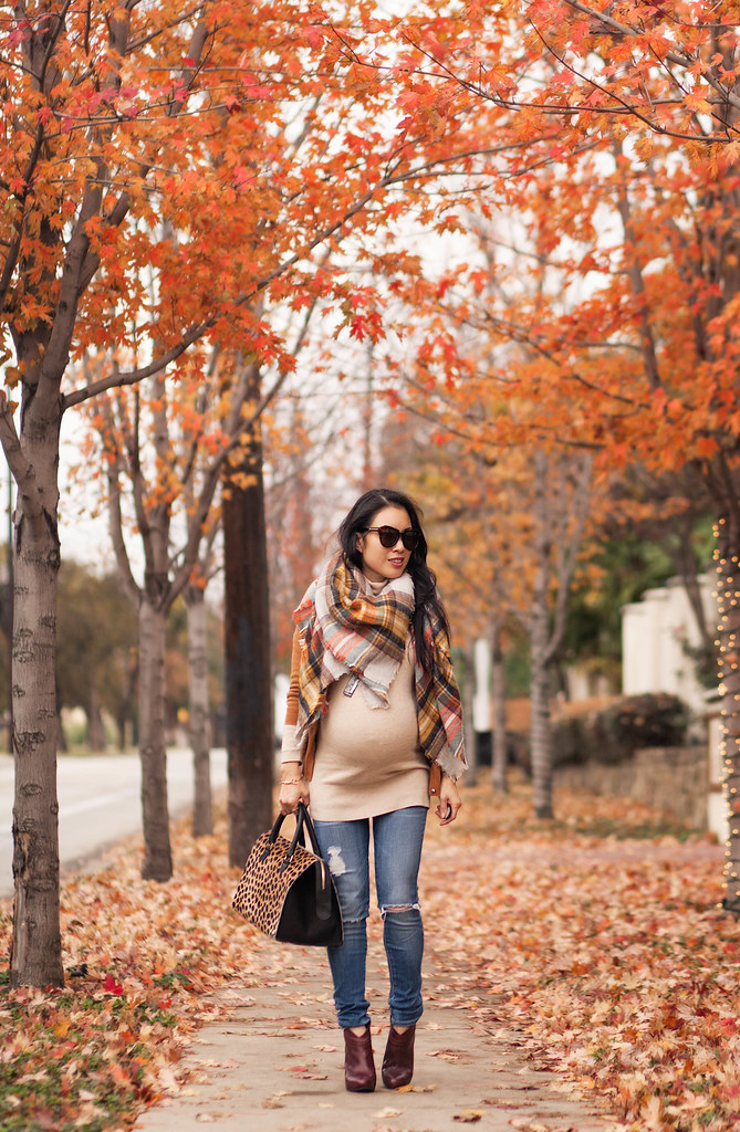 cute & little blog | petite fashion | maternity baby bump pregnant | shades of fall outfit | zara plaid checked blanket scarf, mustard cardigan, distressed jeans, burgundy ankle booties, clare v sandrine leopard bag | third trimester 31 weeks