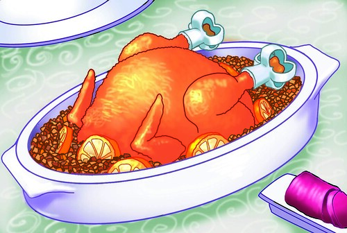 Drawing of fully cooked Thanksgiving turkey set on the dinner table.