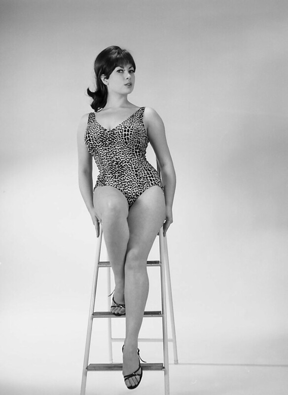 June posing in the studio with a step-ladder in a leotard sent through by J...
