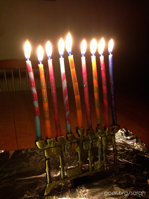 Hanukkiah with candles for last night of Hanukkah.