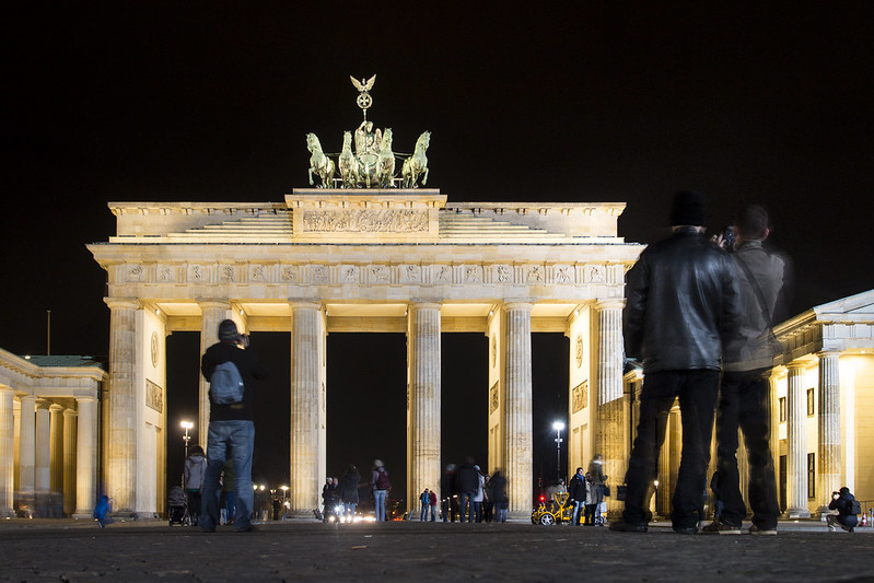 Tourists making selfie near Brandenburger Tor in Berlin