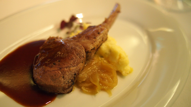 Rack of lamb on a bed of caramelised onions and polenta