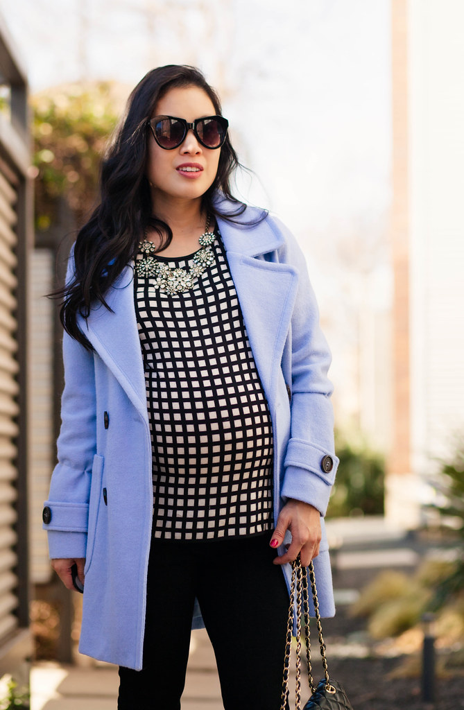 cute & little blog | petite fashion maternity | oasap pastel blue wool coat, black white windowpane checkered blouse, crystal cluster statement necklace, chanel flap purse | fall outfit