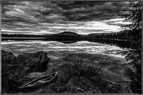 mountains bigpleasantpond clouds weather sunset pond lake granite canoe bw manipulations boat maine usa blackandwhite