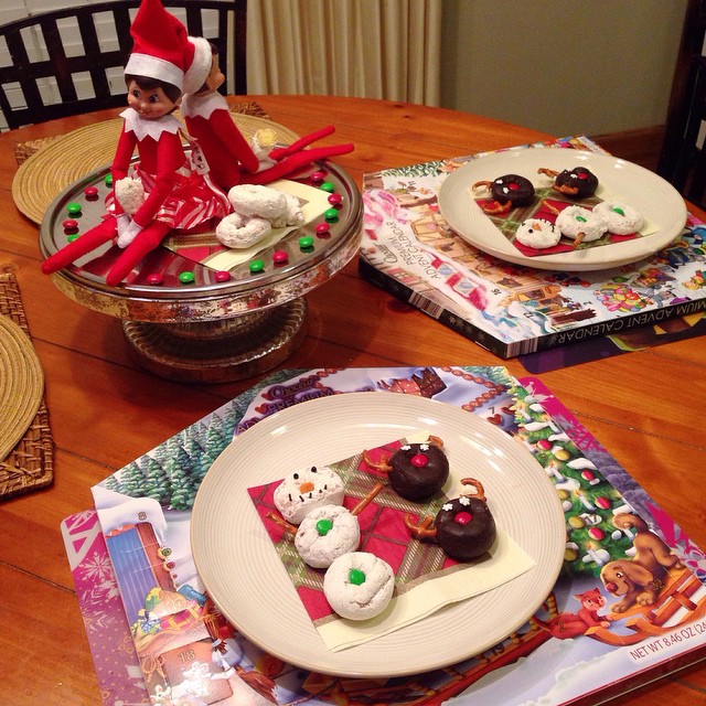 Elfie and Samantha are back! They brought the kids these German chocolate Advent calendars they got from Aldi's (under the plates) and a donut snowman and chocolate donut reindeers! Autumn is so, so excited to see them again and Nathan will be too if he c