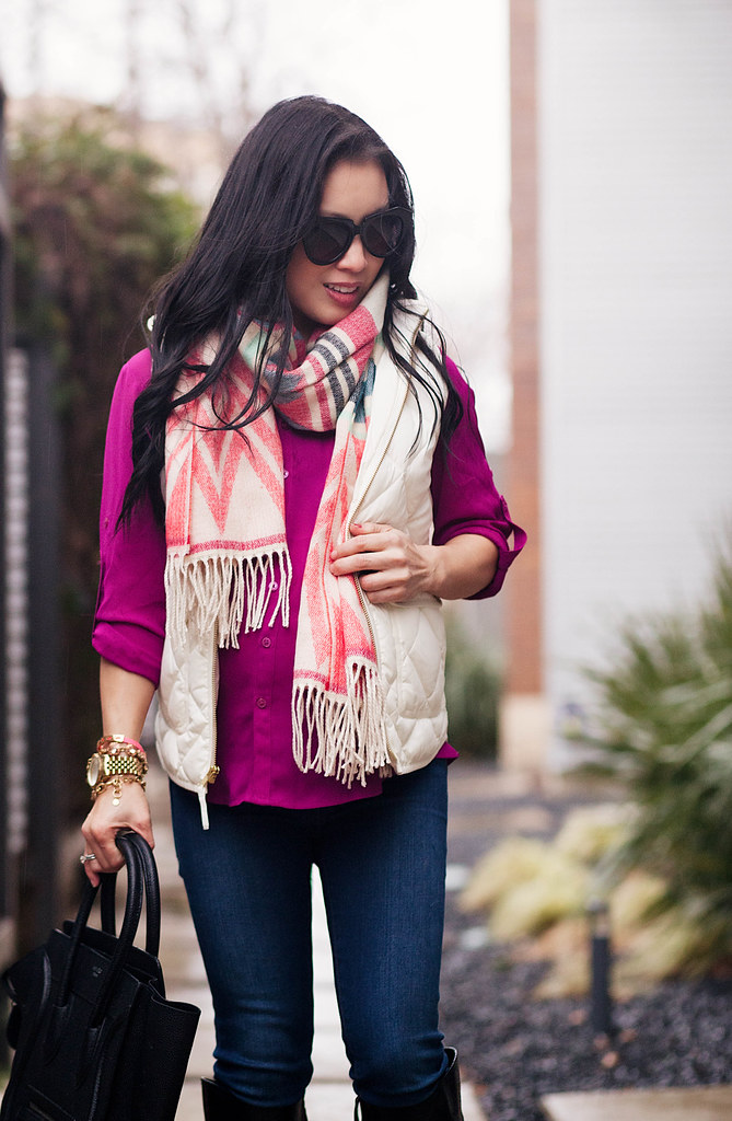 cute & little blog | petite fashion | maternity | sheinside geometric print tassel scarf, j. crew quilted excursion white puffer vest, radiant orchid shirt | fall outfit
