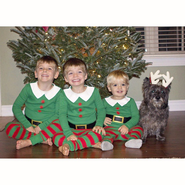 Matching Christmas jammies (and a reindog) make me smile. #MboysChristmas2014