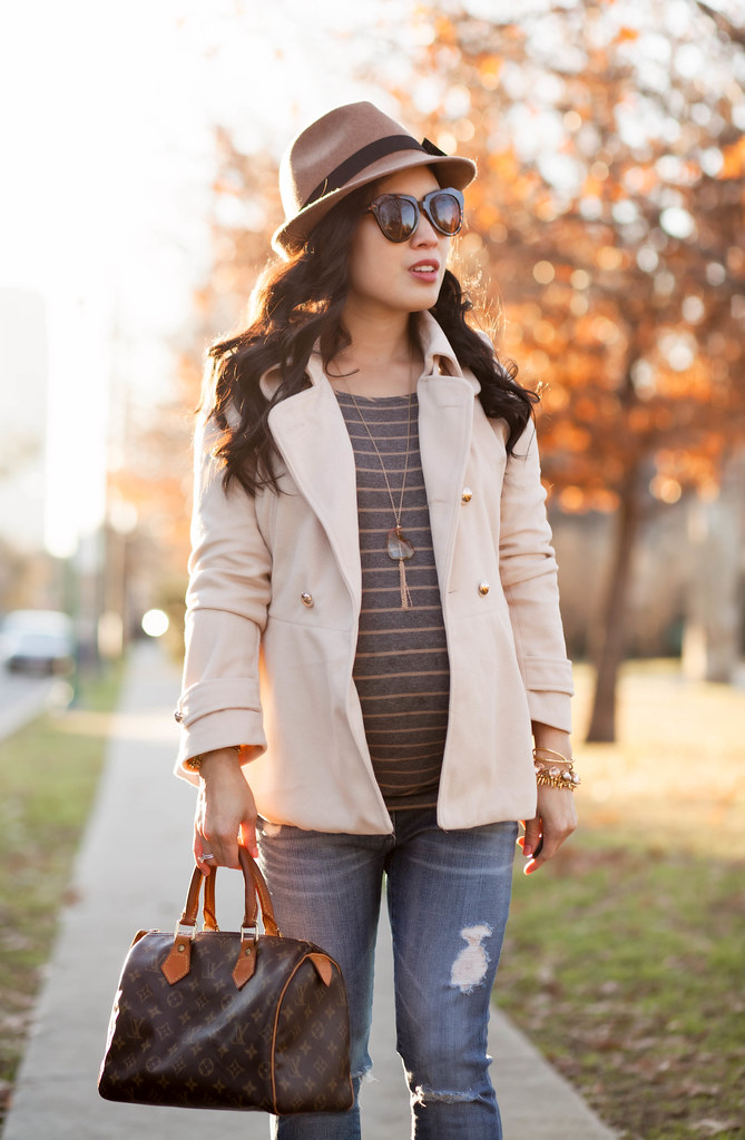 cute & little blog | petite fashion maternity | beige double-breasted peplum coat, gray gray stripes, brown wool fedora, speedy 25 | fall winter outfit