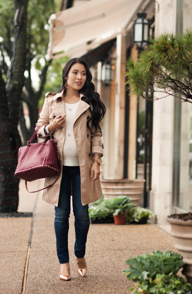cute & little blog | petite fashion | chicwish double-breasted classic trench, loft white jeweled sweater, handbag heaven beth burgundy barrel studded satchel, kate spade rose gold pumps | fall outfit | maternity bump style pregnant | third trimester 28 w