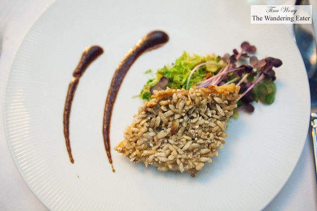 Rice flake crusted North Atlantic Sea Bream, brussels sprouts, tamarind glaze