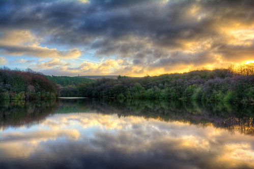 reflection tower sunrise woods reservoir moor darwen roddlesworth