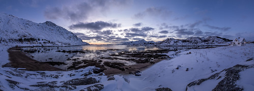 sunset sea panorama house snow mountains beach nature norway reflections time pano fjord nor techniques nordland sennesvik