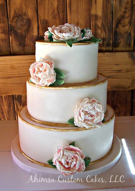 Pretty Gold and Gumpaste Peony Wedding Cake by Ahimsa Custom Cakes