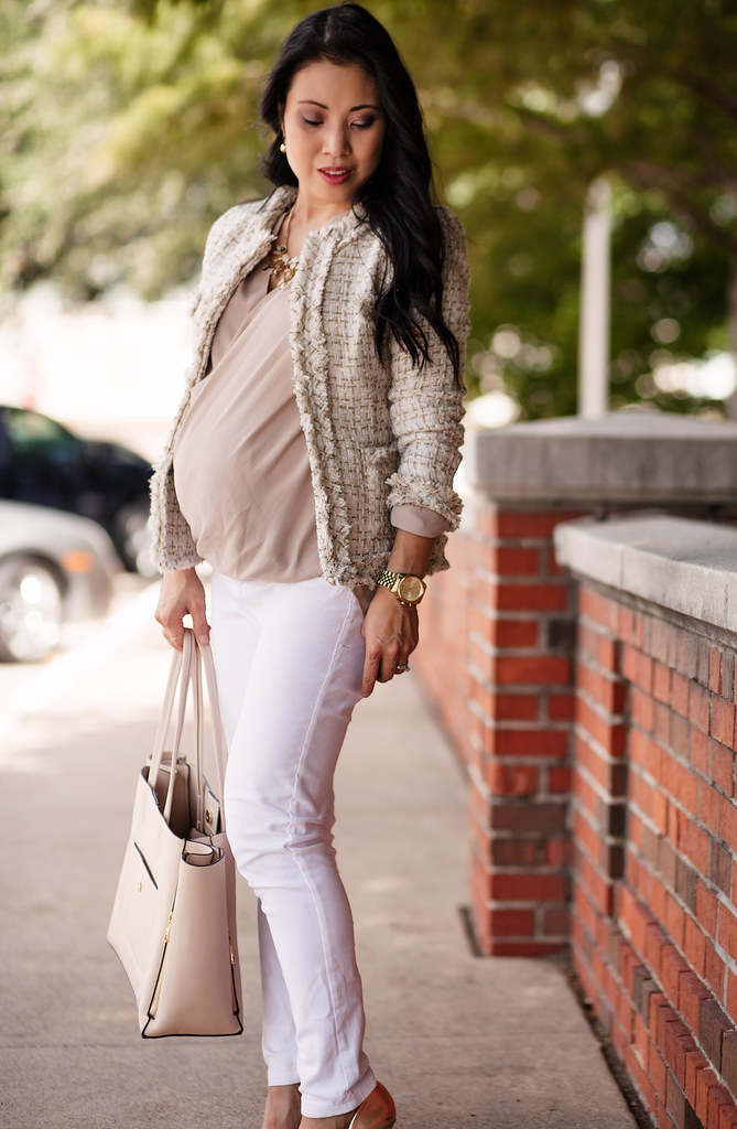 cute & little blog | petite fashion | maternity baby bump pregnant | sheinside apricot tweed blazer, nude surplice top, white skinny jeans, kate spade licorice | neutral fall outfit