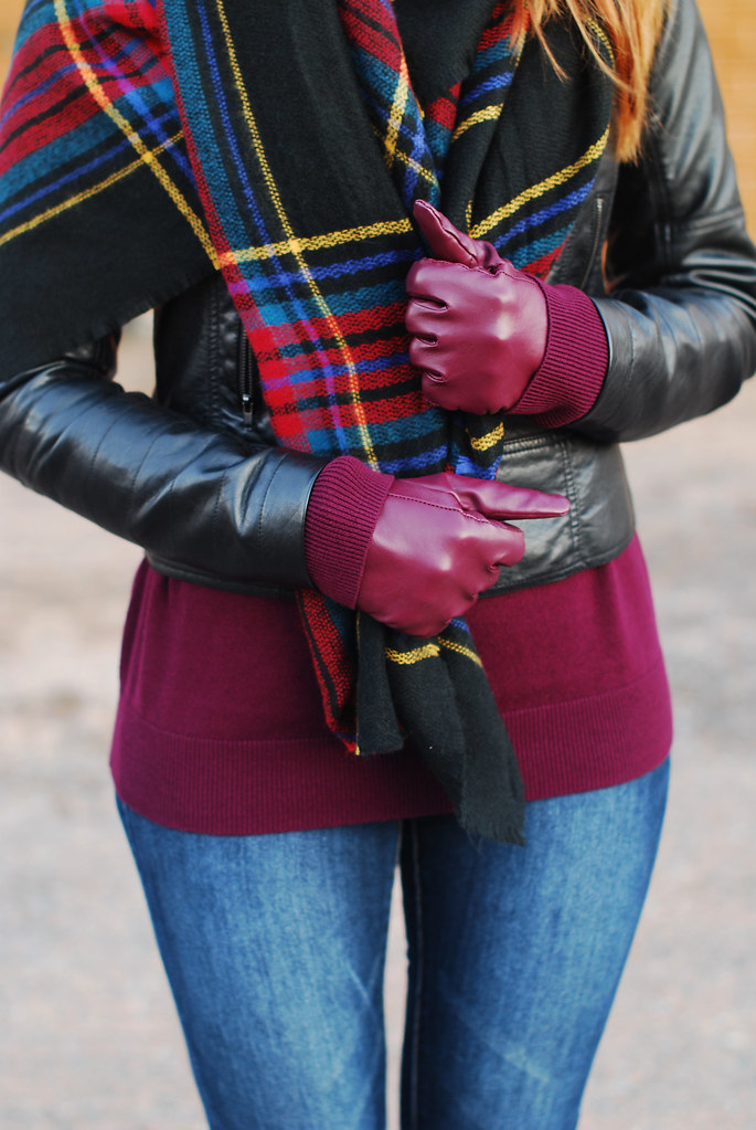 Autumn style: Dark tartan scarf and black biker jacket