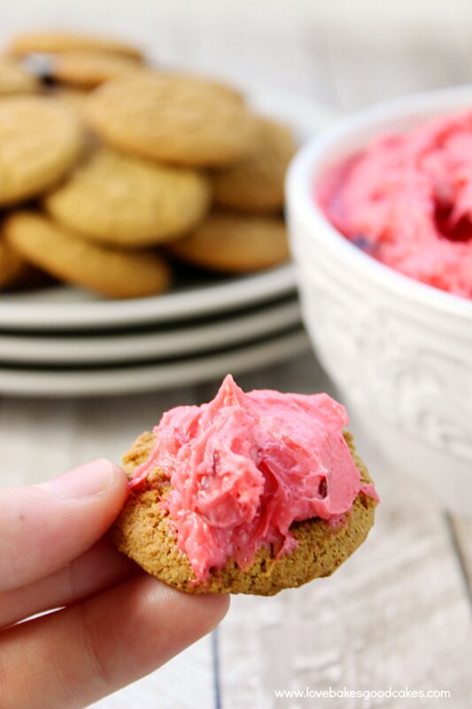 Cranberry Cream Cheese Dessert Spread on a cookie in hand.