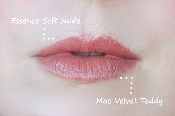 mac velvet teddy dupe essence soft nude longlasting lipgloss