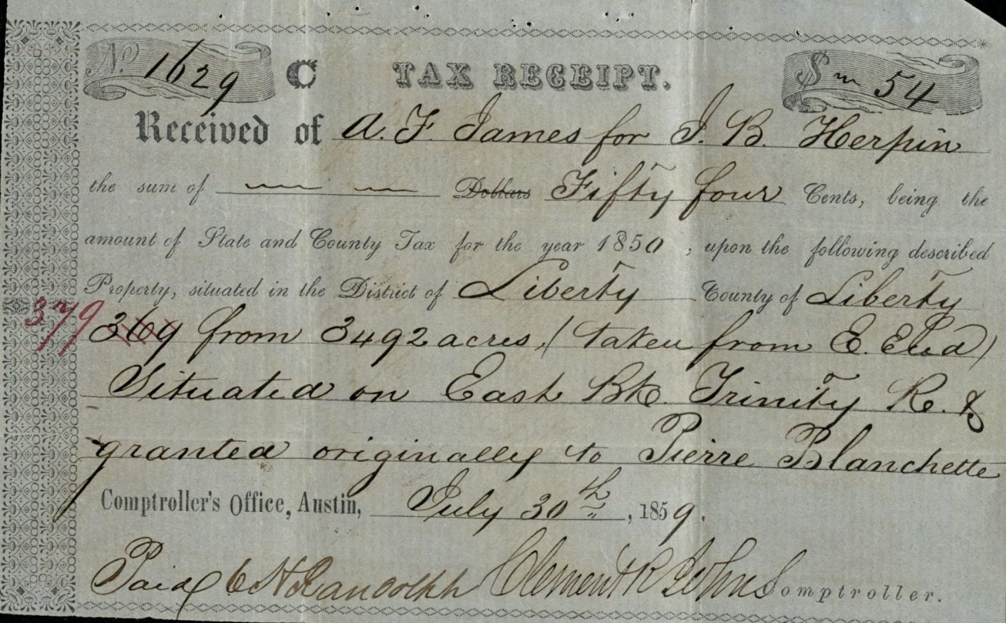 Tax receipt for land in Liberty County, Texas