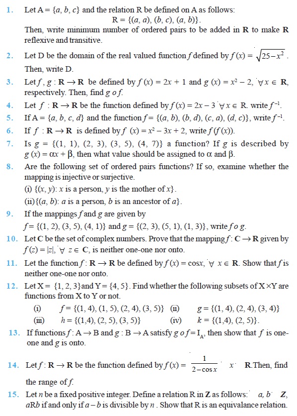 Class 12 Important Questions for Maths - Relations and Functions