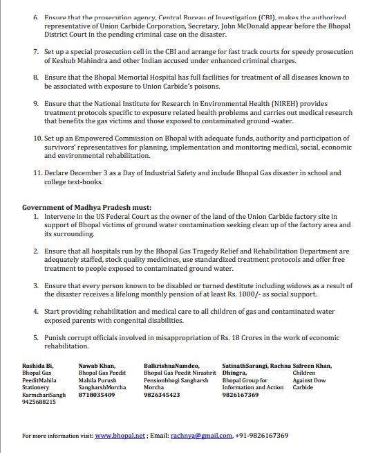 30th Anniversary Demands of the Bhopal Survivors’ Organisations (Page 2)