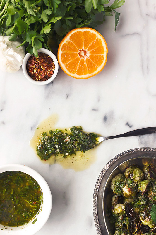 Roasted Brussel Sprouts with Spicy Orange Parsley Chimichurri