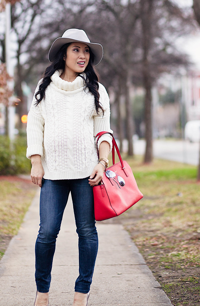 cute & little | petite fashion maternity bumpstyle | gray fedora hat, sheinside white chunky cable sweater, citizens of humanity jeans, kate spade red bag | fall winter outfit