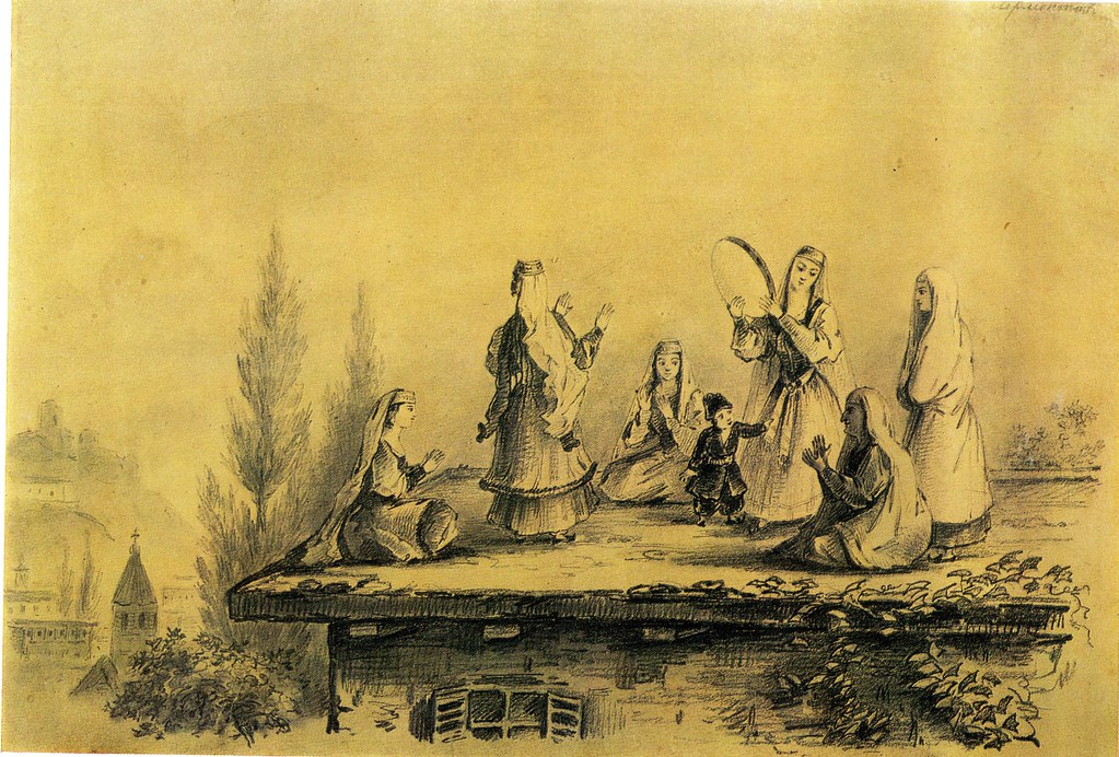 Копия с рисунка М.Ю. Лермонтова. Пляска грузинок на плоской кровле, 1837 г. Бумага, карандаш.