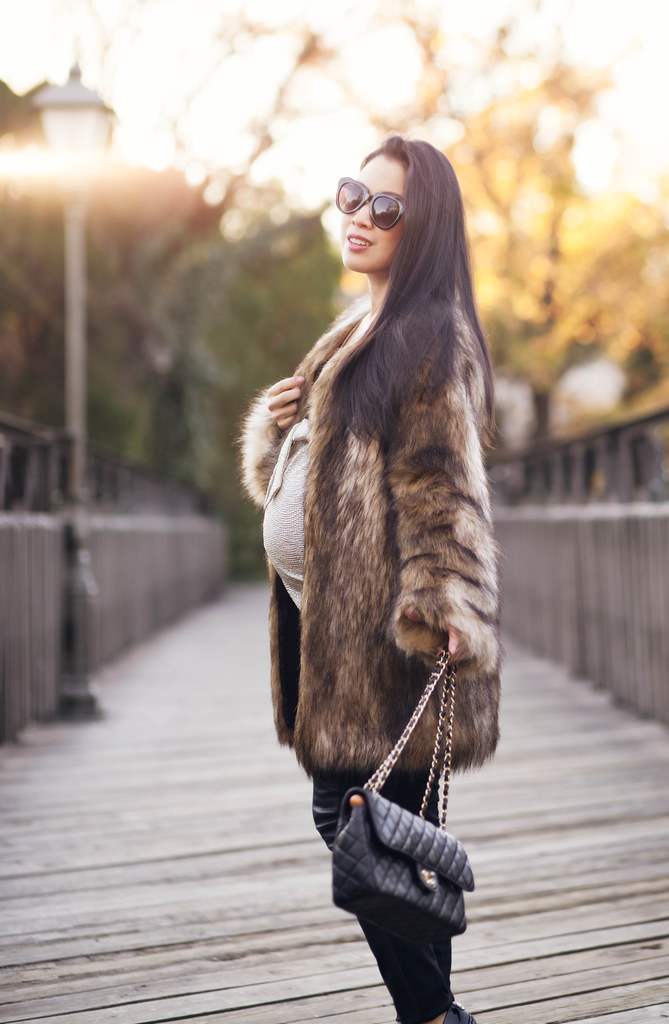 cute & little blog | petite fashion maternity pregnant | chicwish faux fur coat, gold foil bow top, leather ponte pants, chanel flap purse | winter outfit