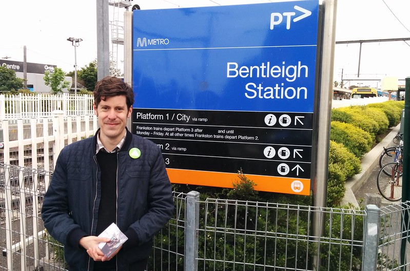 The Greens candidate Sean Mulcahy at Bentleigh station