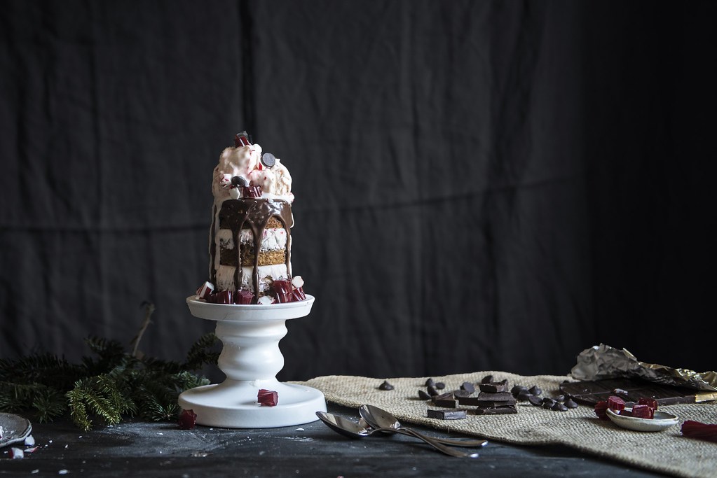 olive oil, dark chocolate & rosemary cake with peppermint no-churn ice cream