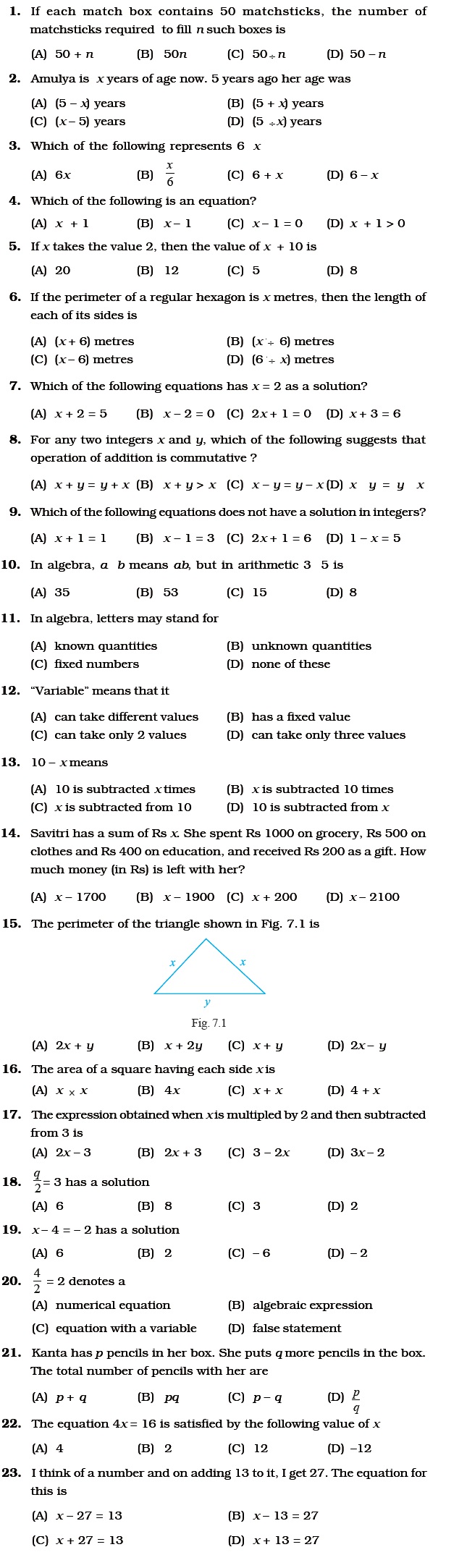 Class 6 Important Questions For Maths Algebra NCERT Exemplar 