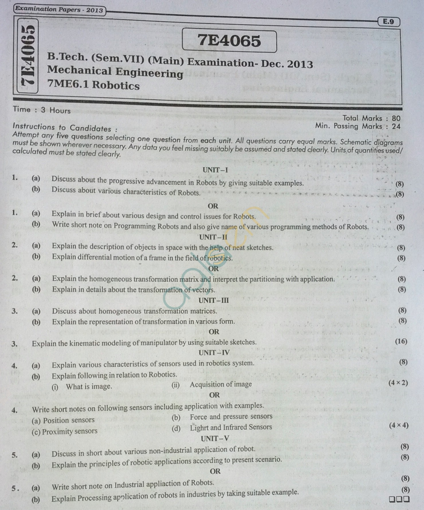 RTU: Question Papers 2013 - 7 Semester - ME - 7E4065
