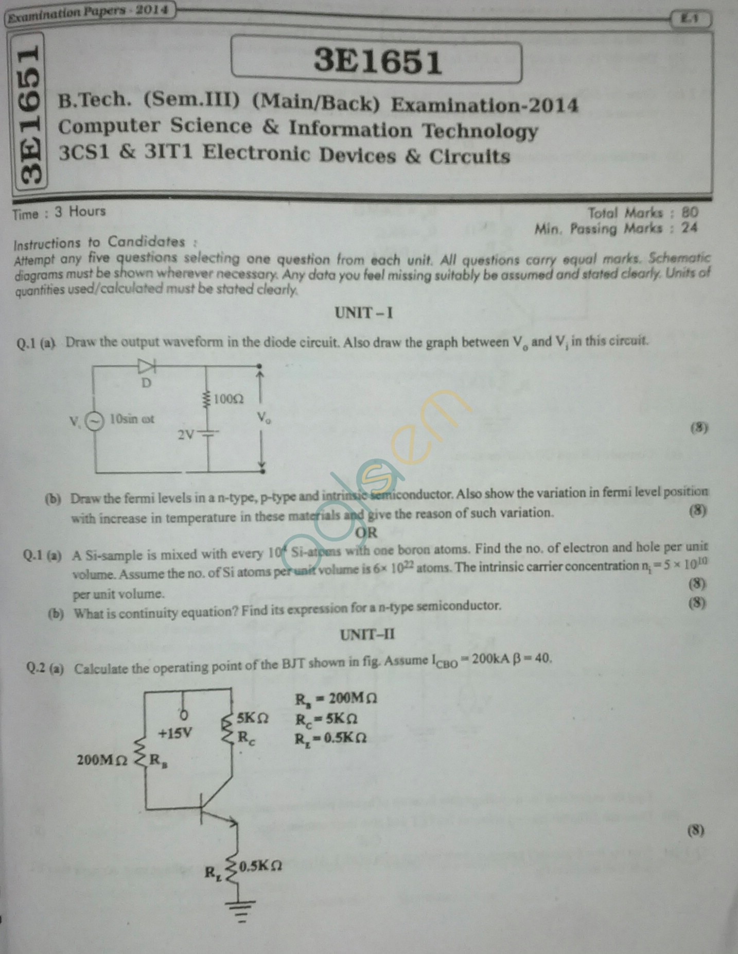 RTU: Question Papers 2014 - 3 Semester - CS & IT - 3E1651