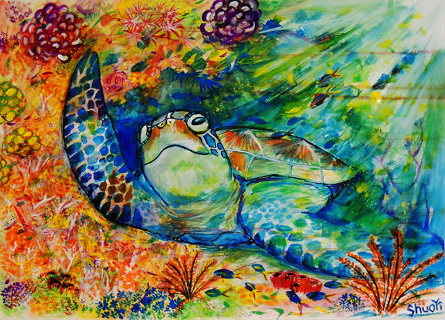 繽紛的珊瑚與優游的海龜以及其他小魚，繪者希望讀者能感受到這些物種的美麗與珍貴並支持保育。繪圖：ShuoYi