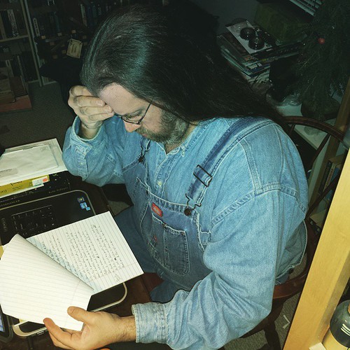 Reviewing my notes. Parts of this book flow wonderfully; others, not so much. #AmWriting #overalls #DoubleDenim