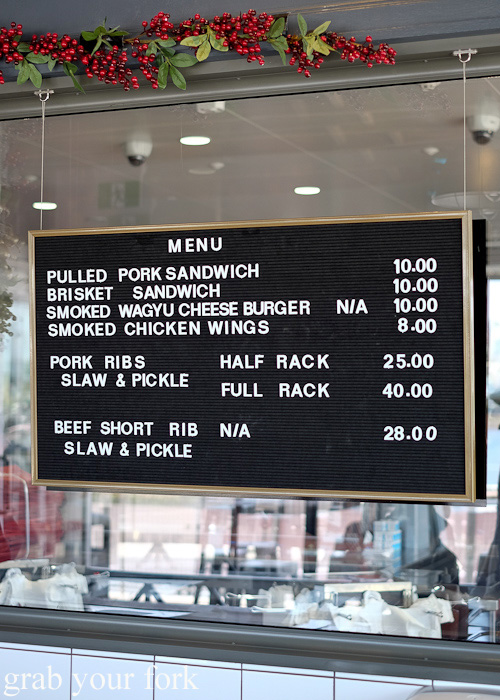 Barbecue meat menu at Vic's Meat Market at Sydney Fish Market, Pyrmont