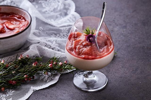 Coconut Panna Cotta with Strawberry Rhubarb Compote