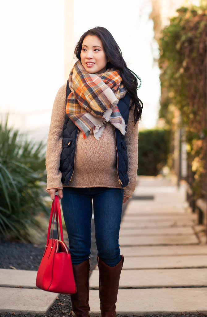 cute & little blog | petite fashion maternity | zara plaid blanket scarf, j. crew quilted navy puffer excursion vest, frye riding boots, kate spade red tote | fall winter outfit