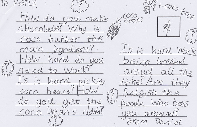 Montgomery Primary: Daniel's postcard to Nestle and a child slave picking cocoa in the Ivory Coast