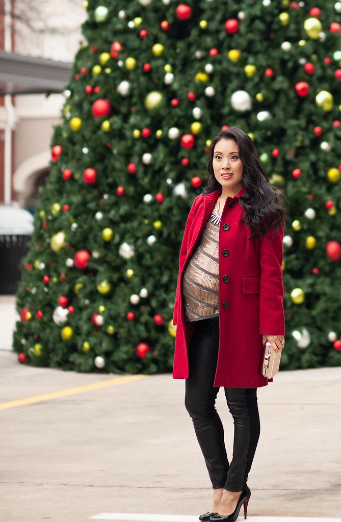 cute & little blog | petite fashion maternity | red wool coat, leather ponte pants, louboutin decollete pumps | holiday sequins festive nye outfit