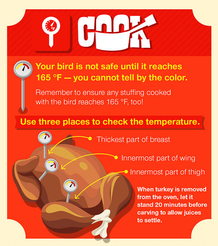 Your bird is not safe until it reaches 165 ˚F – you cannot tell by the color. Remember to ensure any stuffing cooked with the bird reaches 165 ˚F, too! Use three places to check the temperature: the thickest part of the breast, the innermost part of the wing, and the innermost part of the thigh. When the turkey is removed from the oven, let it stand for 20 minutes before carving to allow the juices to settle.