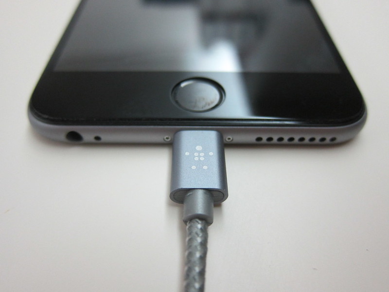 Belkin MIXIT Metallic Lightning to USB ChargeSync Cable (6 Inch) - Grey Plugged Into iPhone 6 Plus
