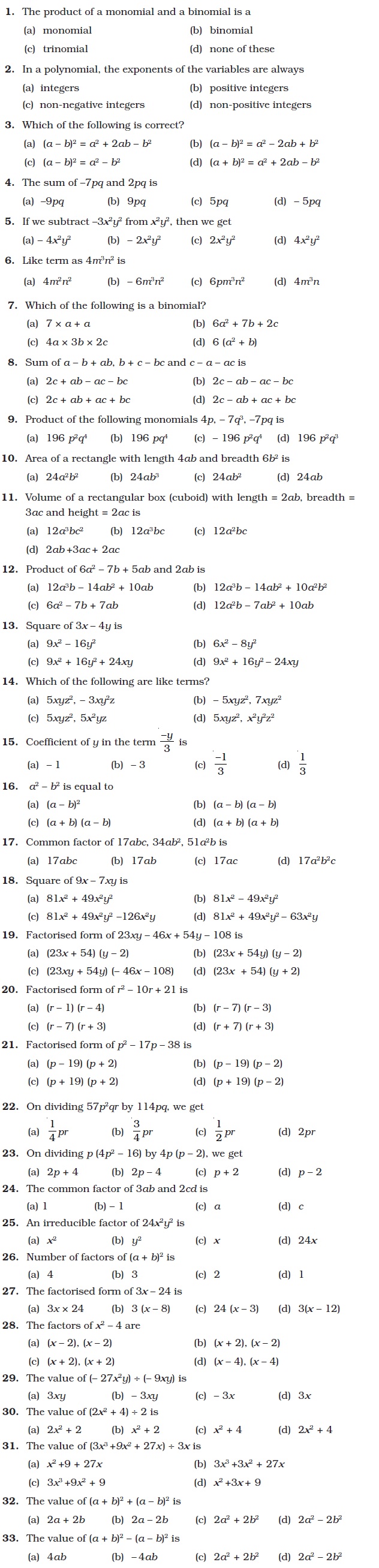 Algebraic Expressions, Identities and Factorisation/