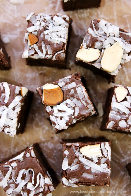Coconut and Almond Fudge pieces on a cutting board.