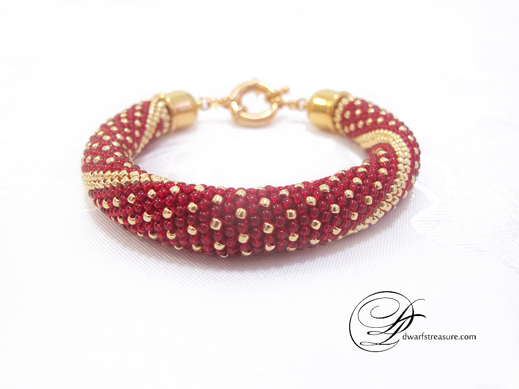 Stylish bright red and gold custom made beaded crochet bracelet