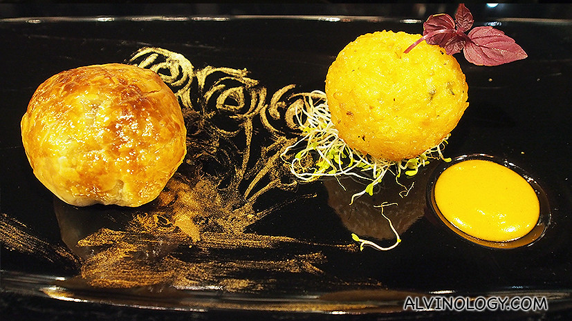 The gold patterns are hand-drawn on the plate by the chef 