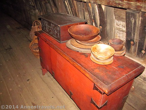 Bowls, baskets, and a chest below deck on the Mayflower II, Plymouth, MA